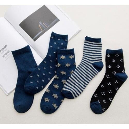 5Pairs/lot Cotton Men' Socks Blue High Cew Socks Star Anchor Boat Sock Soft Funny Socks Casual Socks Male Hosiery