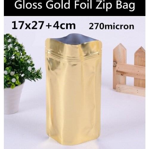 50pcs/lot 17cm*27cm+4cm 270mic Glossy Gold Pure Aluminum Foil Zip Lock Bag Gift Packaging Bag