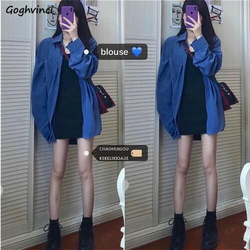 Blouses Shirts Women Autumn Blue Harajuku Solid Fresh All-match Streetwear Chic Vintage Casual Students Womens Korean Style Ins