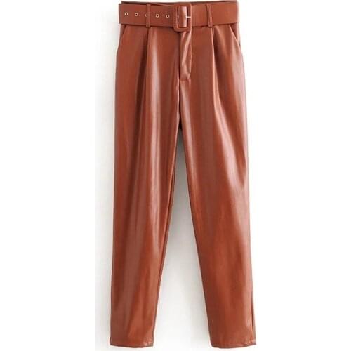 PU Leather High Waist Pants Women Fashion Loose Faux Leather Trousers Women Winter Elegant Pockets Lining Velvet Pants Female