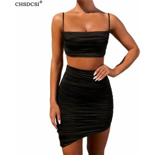 CHSDCSI Two Piece Women Suits Irregular Outfits Set Fur Camis Top High Waist Bodycon Skirts 2 Piece Party Solid Pleated Camis
