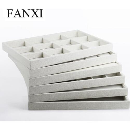 FANXI Free Shipping Wooden Jewelry Packing Tray with Linen for Jewellery Shop Counter and Window Beige Linen Ring Trays