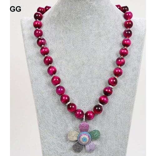 GuaiGuai Jewelry 23" 14mm Fuchsia Tiger Eye Necklace CZ Pave Flower Pendant For Women Jewelry