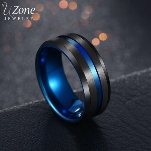 Uzone 8MM Black Blue Stainless Steel Ring For Men Women Wedding Bands Trendy Rainbow Groove Rings Jewelry USA Size