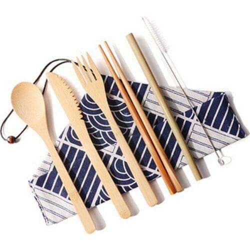 1Set Bamboo Cutlery Eco Friendly Travel Tableware Set Biodegradable High quality Wooden Dinnerware Portable Outdoor Flatware