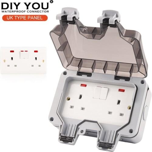 IP66 UK Standard Waterproof Outdoor Wall Power Double Socket Switch With Light For Home Garden 13A Plug Outlet Grounded 250V