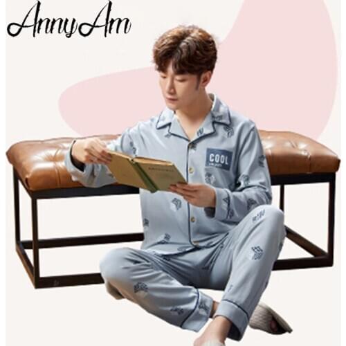 AnnyAm Pajamas mens long-sleeved cotton spring and autumn mens cotton-style thin middle-aged home service suit