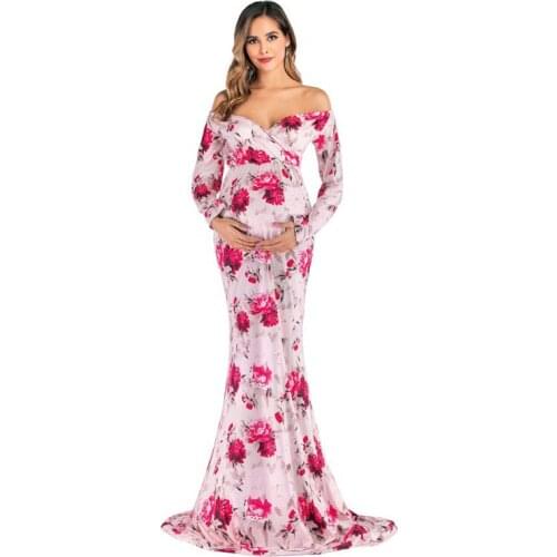 Shoulderless Maternity Dresses Floral Long Pregnant Women Pregnancy Dress Photography Props Maxi Maternity Gown For Photo Shoots