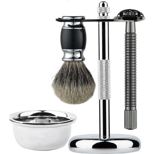 Professional 4 In 1 Stainless Steel Razor Set Men Beard Razor Shaving Brush Bowl Stand Holder Wet Shaving Luxury Razor Set Gift