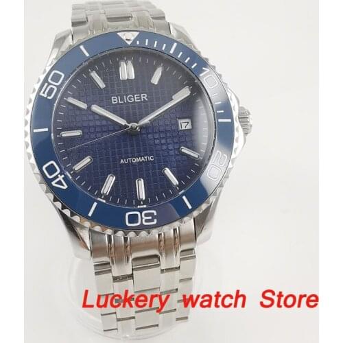 41mm bliger luxury watch blue dial saphire glass;Stainless steel strap Ceramic Bezel Automatic movement Luminous mens watches