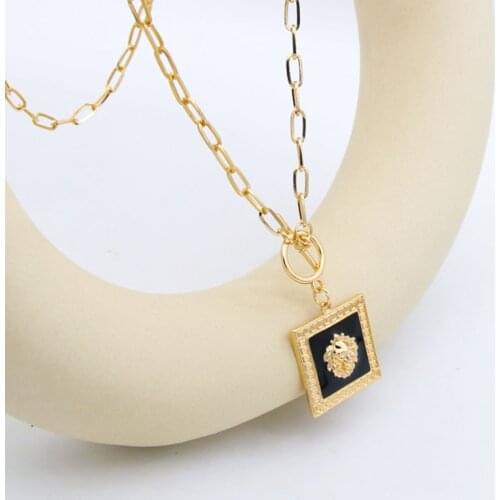 SRCOI Trendy Geometric Square Lion Head Pendant Necklace Black Enamel Exaggerated OT Buckle Sweater Chain Women Jewelry 2021