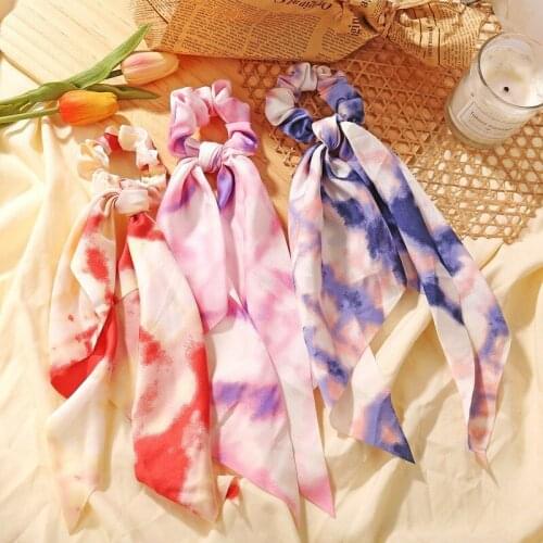 Cross-border Thin Tie-dyed Two-in-one Ribbon Large Intestine Ring Female Updo Chiffon Ink Painting Hairband