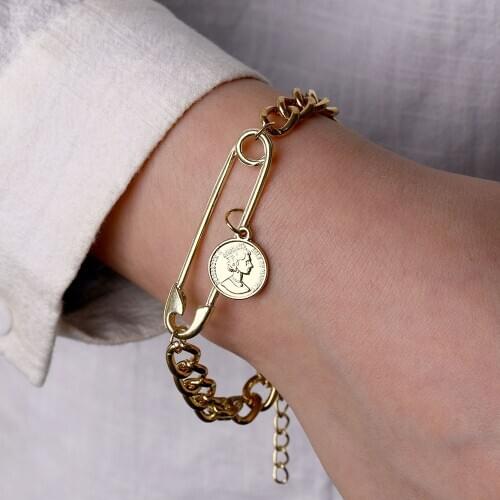 Vintage Gold Coin Brooch Twist Chain Bracelet Female Punk Geometric Portrait Coin Alloy Charm Bracelet Trendy Jewelry Accessorie