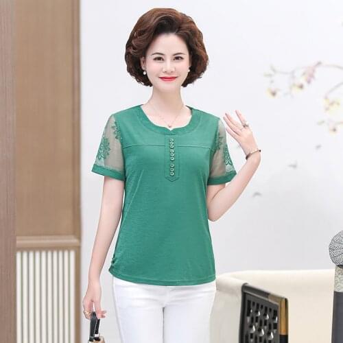2021 Middle-aged Womens Plus Size Mothers' Clothes T-shirts Shirts Lady Lace Short-sleeved Summer Pullover Tops Dress 5XL
