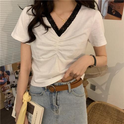Woman TShirts Lace Stitching 2021 Summer V-neck Pleated Short Short Sleeve T-shirt Womens Blouse Crop Top Mujer Camisetas