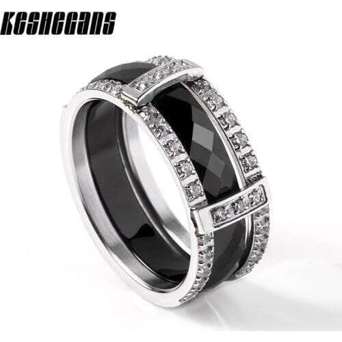 New Design 2pcs/Set Ceramic Stainless Steel Ring With Shining Crystal Combination Ring Set Black White Color For Women Lady Gift