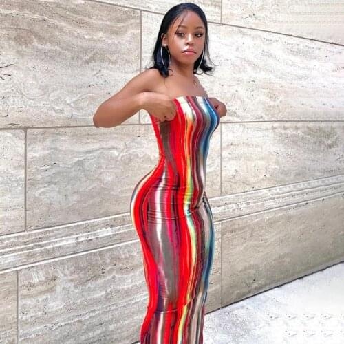Sexy Women Fashion Printed 2021 Summer Bodycon Strapless Dress Slash Neck Club Party Streetwear Maxi Dress For Female