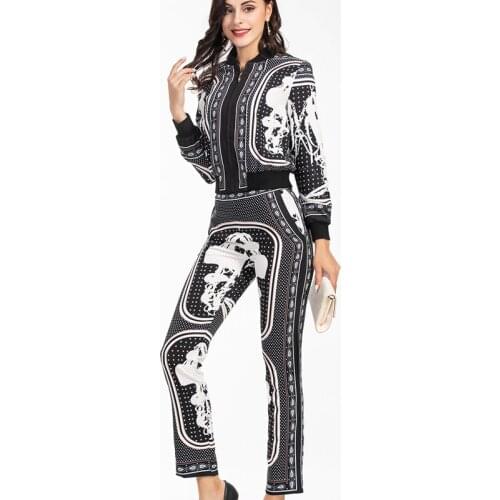 2021 Autumn Suit Fashion Designer Women Long Sleeve zipper Jacket+High Waist Pants Casual Printed Suit
