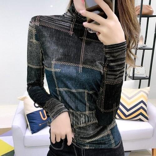 #5531 Plaid Printed Turtleneck T Shirt Women Long Sleeved Tight Tee Shirt Femme Sexy Slim Basic T-shirt Velour Top Spring Autumn