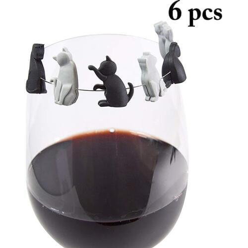 6pcs/set Cute Cat Shape Wine Cup Mark Wine Glass Charm Cute Cat Design Silicone Wine Glass Marker Bar Accessories
