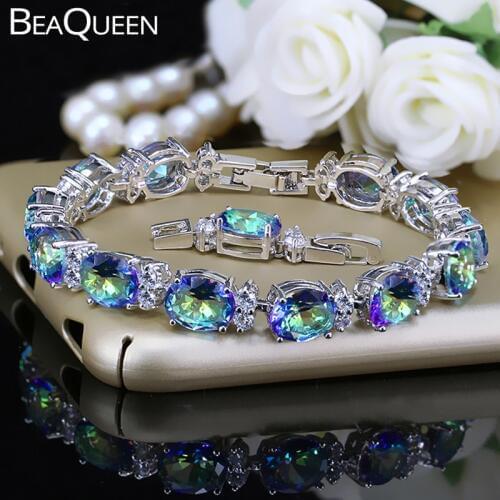 BeaQueen Trendy Big Oval Cut Blue Green Cubic Zirconia Multicolor Rainbow Crystal Women Bracelets Wedding Banquet Jewelry B011