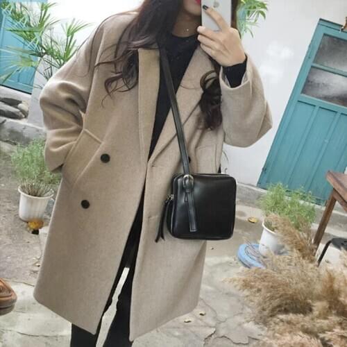 Double Breasted Long Wool Coat For Women Autumn Winter Ladies Long Sleeve Elegant Outerwear Solid Jacket Vintage Female Clothes