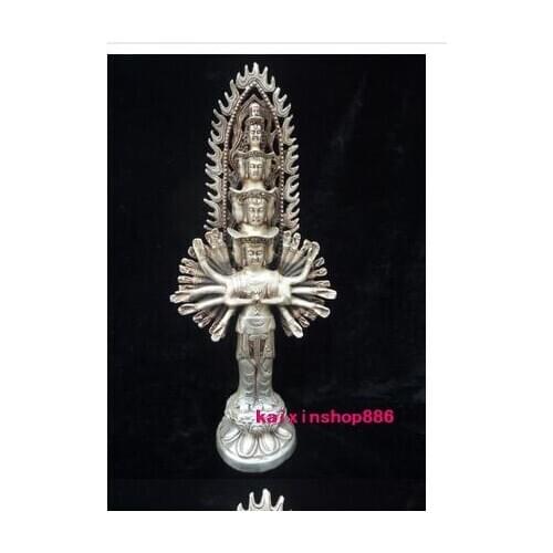 Metal Crafts Old Rare Qing Dynasty Oriental Thousand hands buddist silver statue ,18CM Silver decoration bronze factory outlets