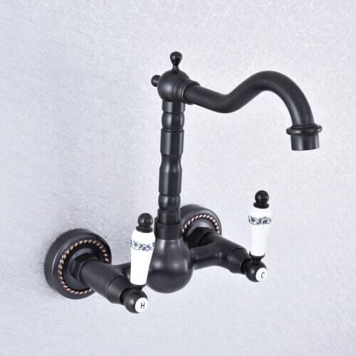 Kitchen Wet Bar Bathroom Vessel Sink Faucet Black Oil Rubbed Brass Wall Mounted Swivel Spout Mixer Tap Dual Ceramic Lever msf713