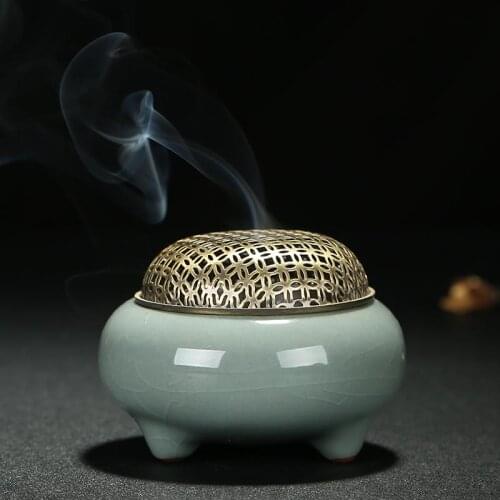 Buddha incense burner ceramic ornaments tea accessories incense with incense road alloy hollow metal cover