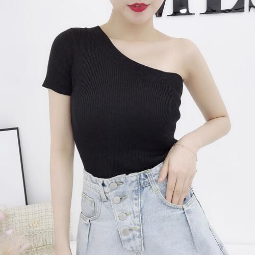 Summer Womens Knitting Off Shoulder Stretchy Asymmetric T-Shirts Tops Girls Knitted Sexy Short Sleeve T Shirt Top For Women