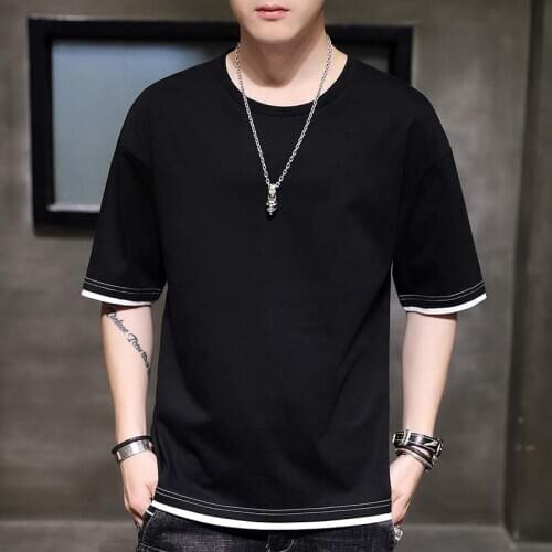 New Fashion 100% Cotton Men T-Shirt Solid Color Fake Two Pieces Short Sleeve T-shirt Harajuku Tee Shirt Summer Camisetas Hombre