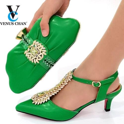 The Green Color Latest African Summer Sandals Shoes And Bag To Match Set For Party Fashion Rhinestone Pumps Shoes And Bag Set