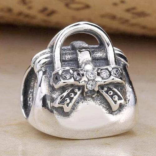Original Sparkling Bow Handbag With Crystal Beads Fit 925 Sterling Silver Bead Charm Europe Bracelet Bangle DIY Jewelry