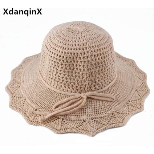 XdanqinX Foldable Summer Ladies Panama Hat Hollow Breathable Sun Hats Womens Mesh Cap New Fashion Big Brim Beach Hat Straw Hat