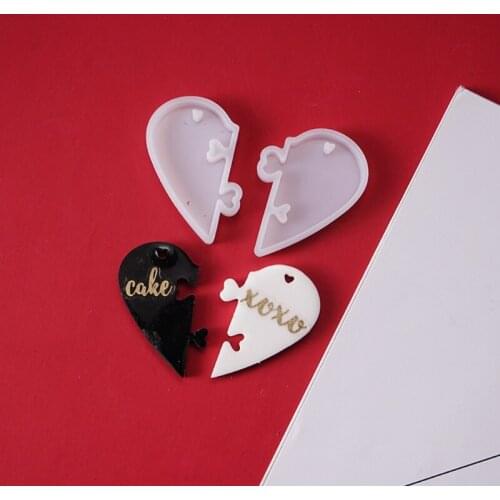 E56A Couples Keychains Heart Shape Silicone Mold Lovers Puzzle Pendant Casting Molds for DIY Keychain Pendant Home Decoration