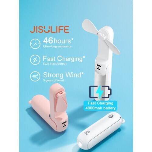JISULIFE Mini Fan Portable Fan 4800mAh Enduring Silent Foldable Usb Rechargeable Fan with Power Bank and Flashlight Function
