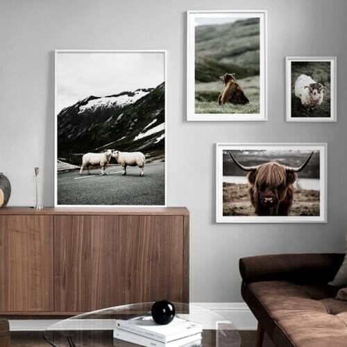 Highland Cow Sheep Bear Animal Poster Nordic Style Canvas Print Landscape Art Painting Wall Picture for Modern Living Room Decor