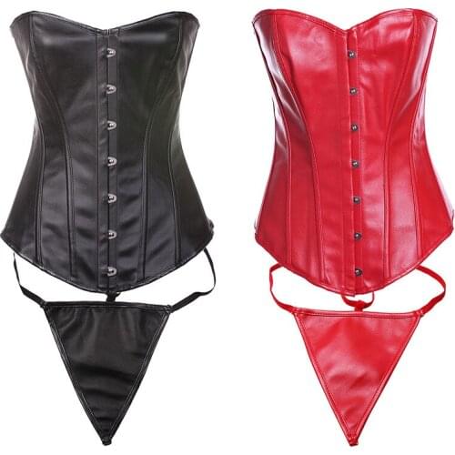 Plus Size Faux Leather Underbust Corset Women Sexy V Neck Bustier Top Waist Cincher Body Shaper Corsets Bustiers With Thong