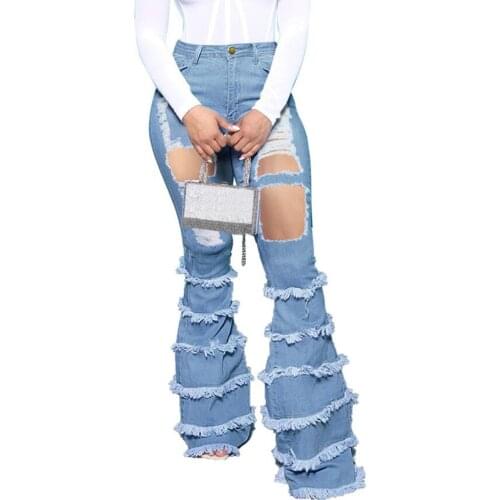 Ripped High Waisted Jeans Women Spring Fashion Hollow Out Tassel Patchwork Flare Jeans