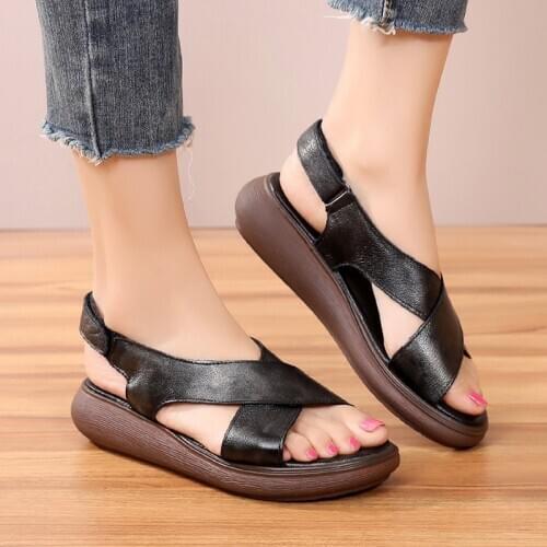 Vintage Handmade Womens Sandals Genuine Leather Flat Platform Summer Shoes Casual Gladiator Sandals Women Sandalias Mujer