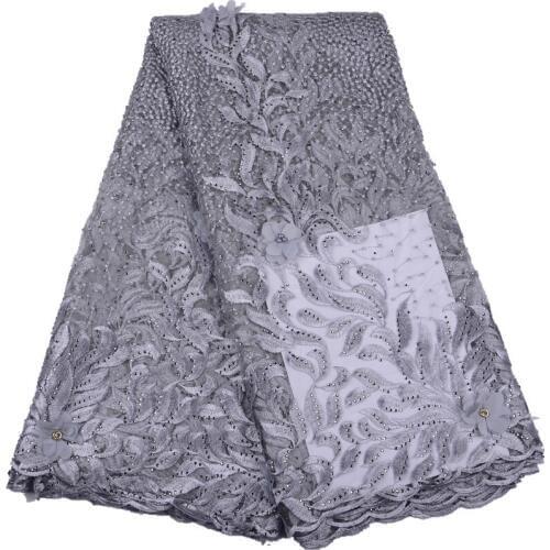 Gray 3d Lace Fabric 2019 High Quality Lace African Lace With Rhinestones Embroidered Lace For Women Dress 1525