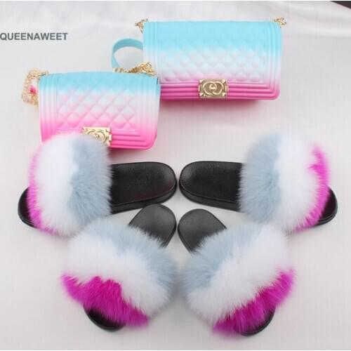 Luxury Fur Slides Hot Summer Fox Fur Slippers Home Furry Flat Sandals Indoor Flip Flops Fluffy Shoes Parent-child suit