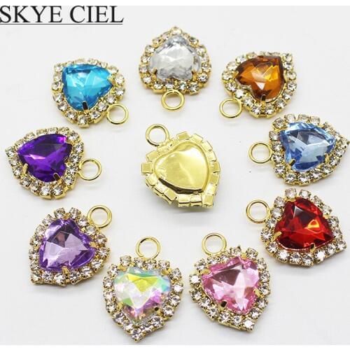 SKYE CIEL 10pcs 18*18mm Heart shape With ring Acrylic Diy jewelry Accessories Rhinestone Mertal Pendant decoration Crafts