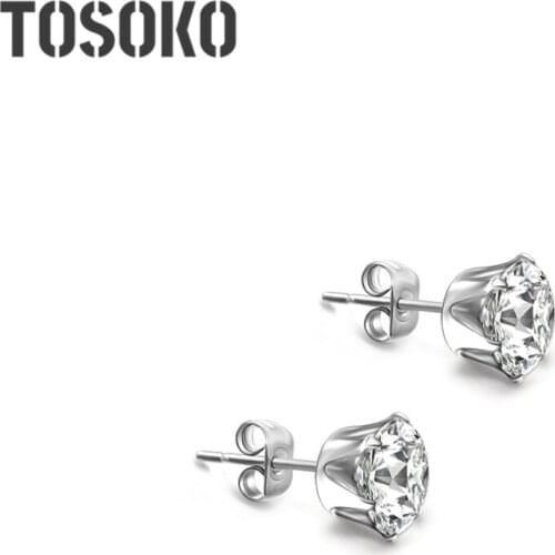 TOSOKO Stainless Steel Jewelry Six Claw Single Zircon Earrings Fashion Simple Temperament Earrings For Women BSF038