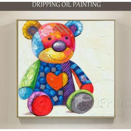 Unique Wall Art Hand-painted Modern Doll Bear Oil Painting on Canvas Hand-painted Lovely Bear Oil Painting for Kids Room Decor