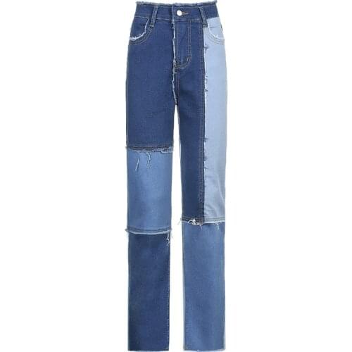 Patchwork Blue Denim Pants Capris Casual High Waist Jeans Woman Fashion Streetwear Pocket Trousers Ladies Autumn 2021 Plus Size