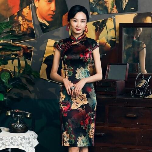 Qipao Evening Dresses Silk Cheongsam Dress Black Printing Large Size Cheongsams HighEnd Short Qipao Chinese Dress Oriental Dress