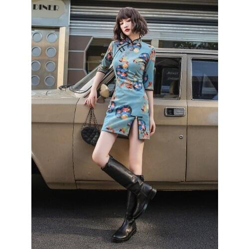Oriental Dress Blue Pink Qipao Retro Cheongsam Chinese Traditional Female Short Skirt Fitting Summer China Dress