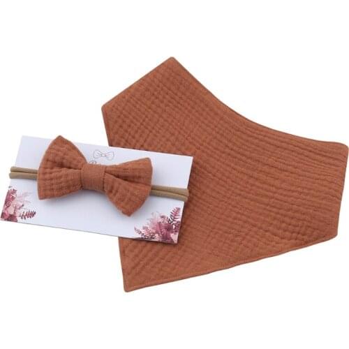 Baby Girls Elastic Bow Headband Saliva Towel Set Newborn Toddler Bowknot Hair Band Bib Kit Pure Cotton Solid Color Bandana 69HE