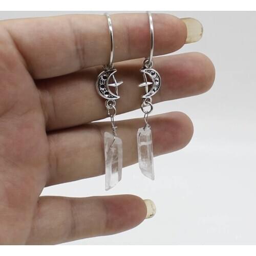 New Star Moon Earrings Gothic Artificial Quartz Stone Crystal Rough Stone Pendant Pagan Lady Jewelry